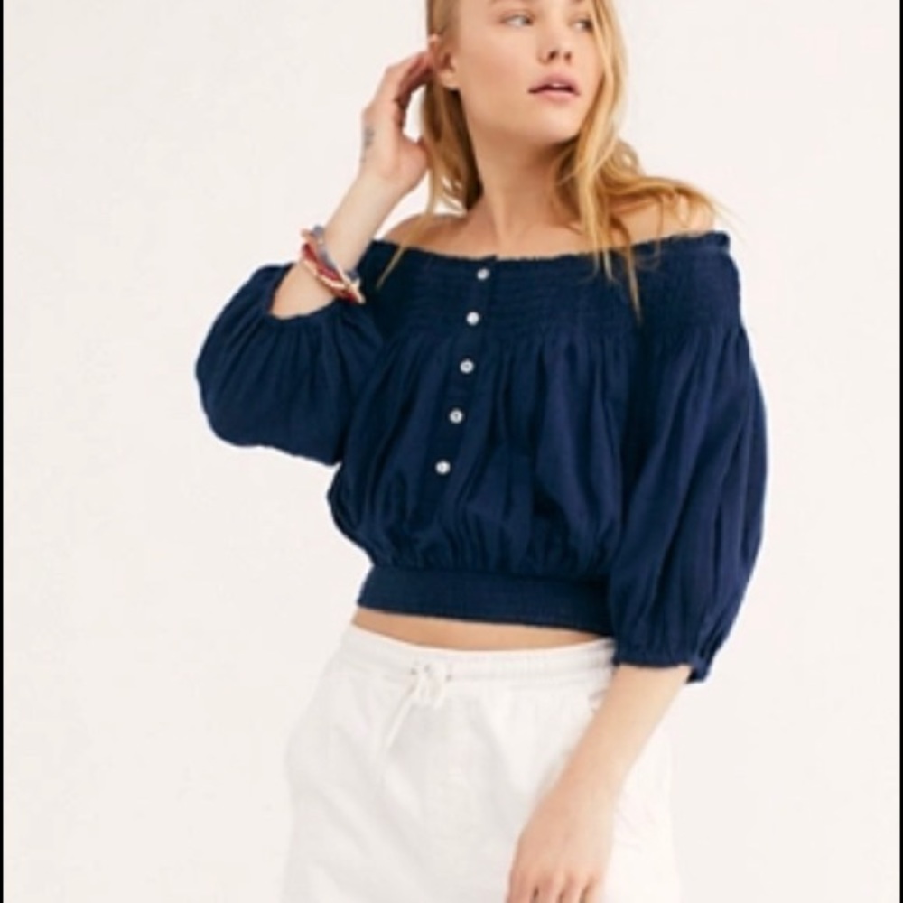 Free People Dancing All Night Off Shoulder Top Navy Large